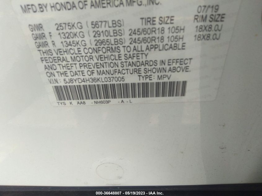 2019 ACURA MDX - 5J8YD4H36KL037005