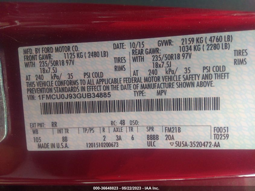 2016 FORD ESCAPE TITANIUM - 1FMCU0J93GUB34885