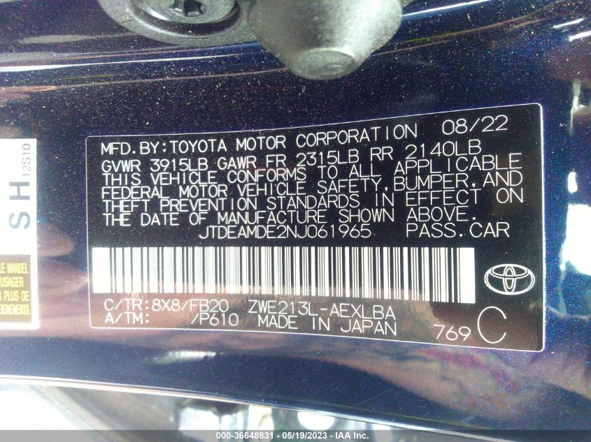 2022 TOYOTA COROLLA HYBRID LE - JTDEAMDE2NJ061965