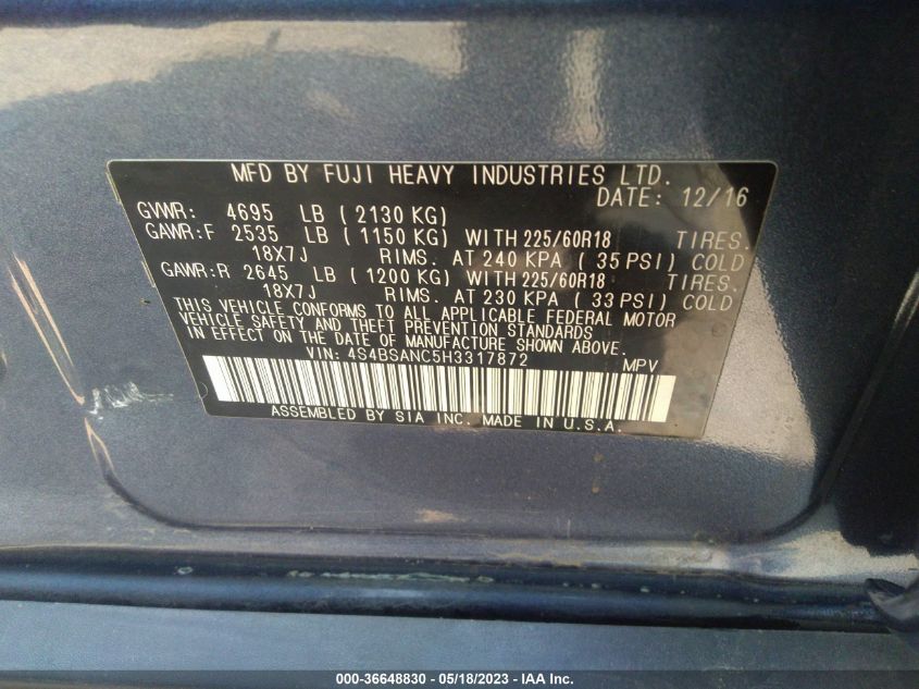 2017 SUBARU OUTBACK LIMITED - 4S4BSANC5H3317872