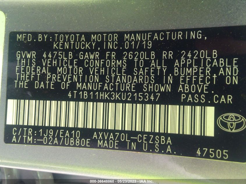 2019 TOYOTA CAMRY LE/SE/XLE/L - 4T1B11HK3KU215347