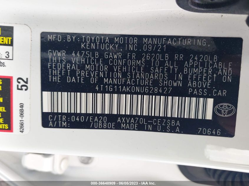 2022 TOYOTA CAMRY SE - 4T1G11AK0NU628427