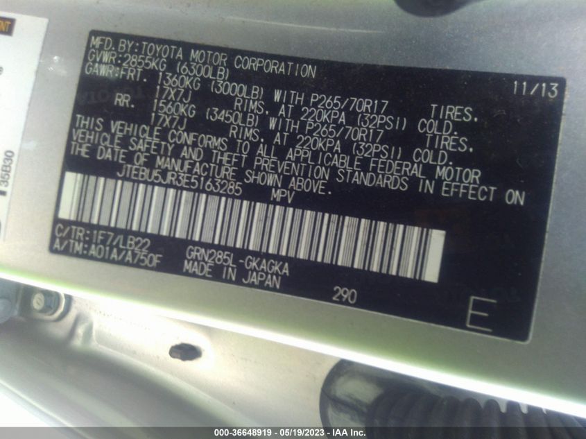 2014 TOYOTA 4RUNNER LIMITED/TRAIL/SR5 - JTEBU5JR3E5163285