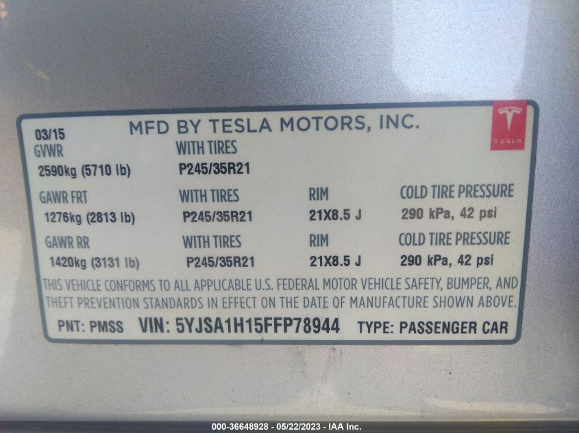 2015 TESLA MODEL S KWH BATTERY - 5YJSA1H15FFP78944