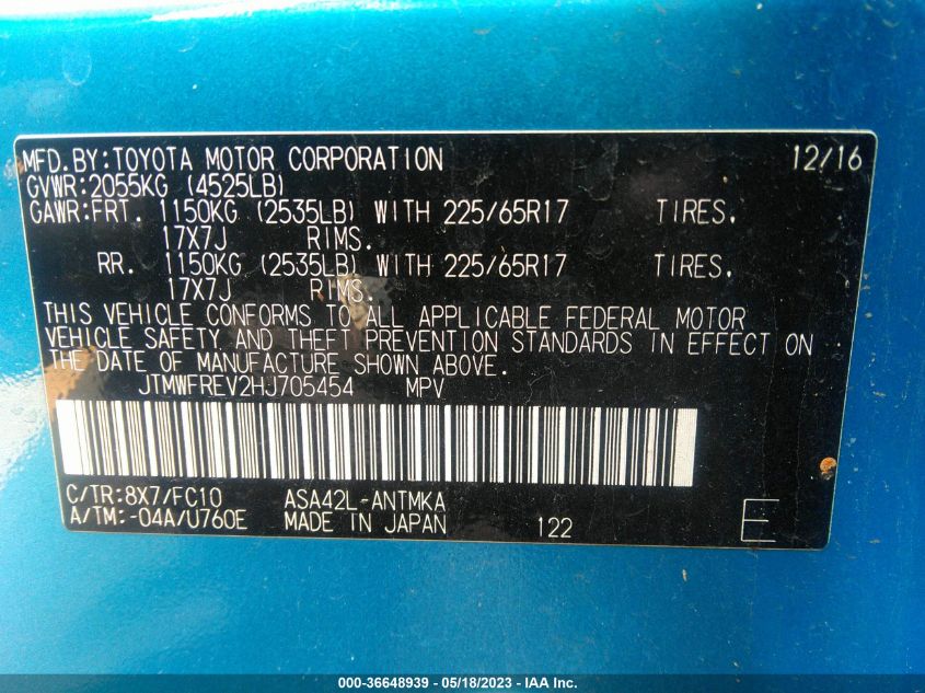 2017 TOYOTA RAV4 XLE - JTMWFREV2HJ705454