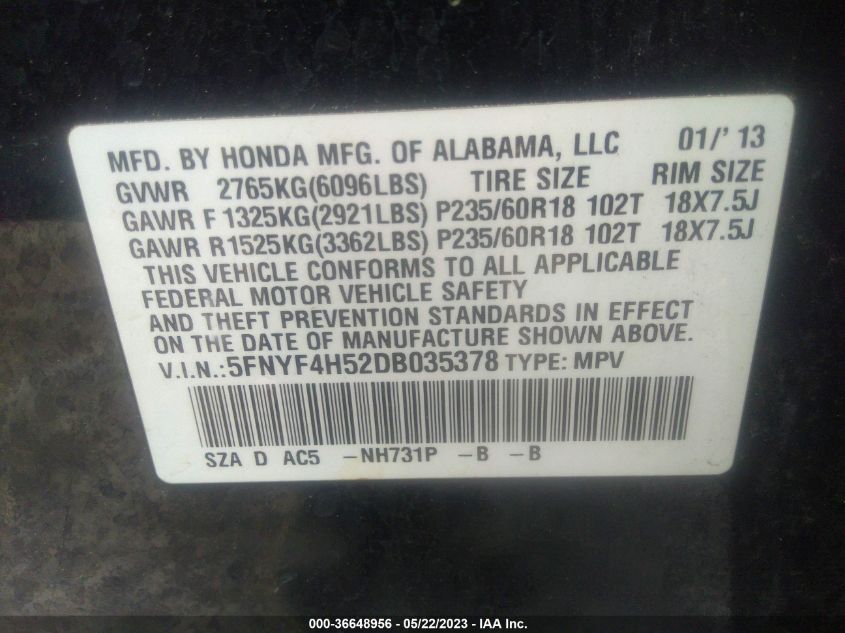 2013 HONDA PILOT EX-L - 5FNYF4H52DB035378