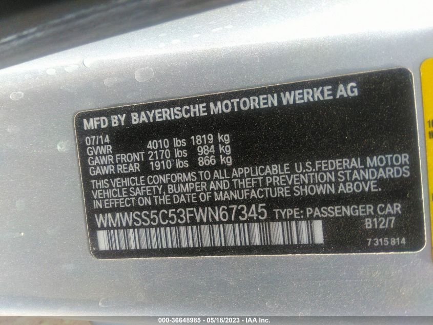 2015 MINI PACEMAN COOPER S WMWSS5C53FWN67345