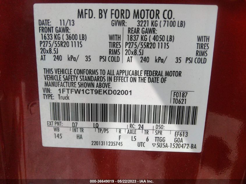 2014 FORD F-150 XL/XLT/FX2/LARIAT - 1FTFW1CT9EKD02001