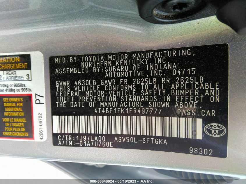 2015 TOYOTA CAMRY XLE/SE/LE/XSE - 4T4BF1FK1FR497777