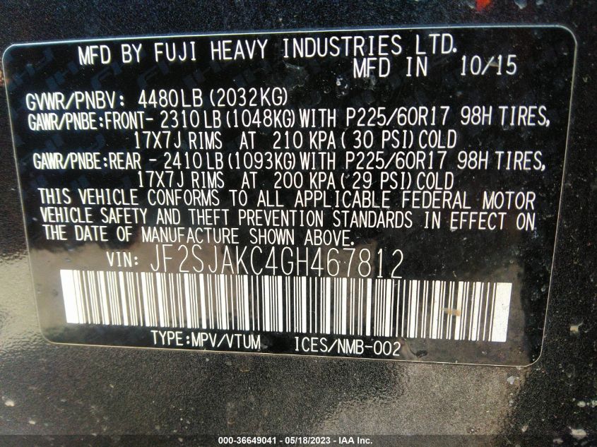 2016 SUBARU FORESTER 2.5I LIMITED - JF2SJAKC4GH467812