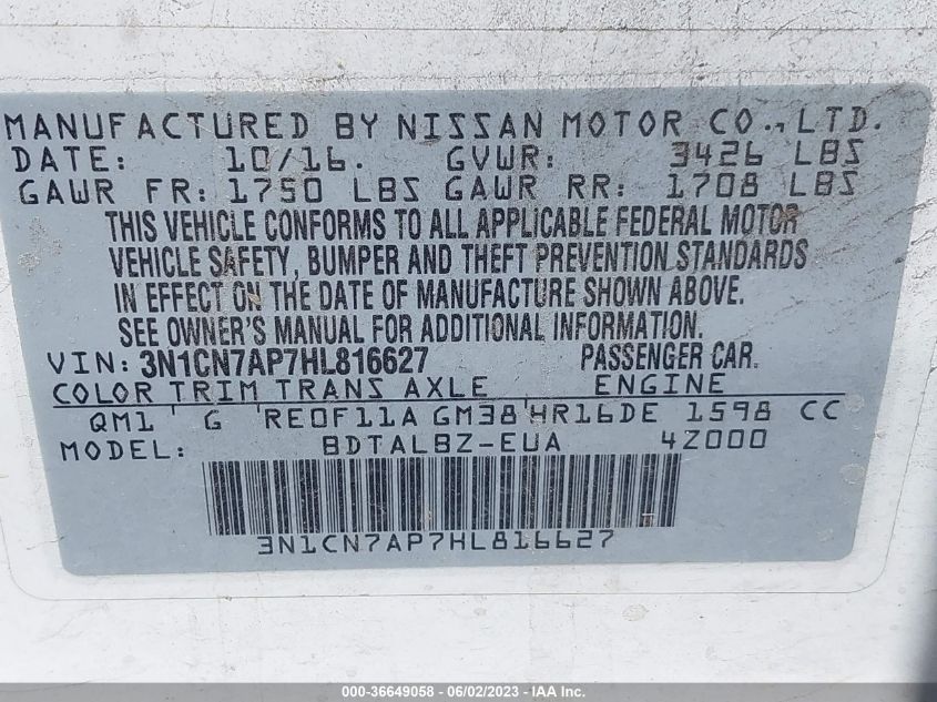 2017 NISSAN VERSA SEDAN SV - 3N1CN7AP7HL816627