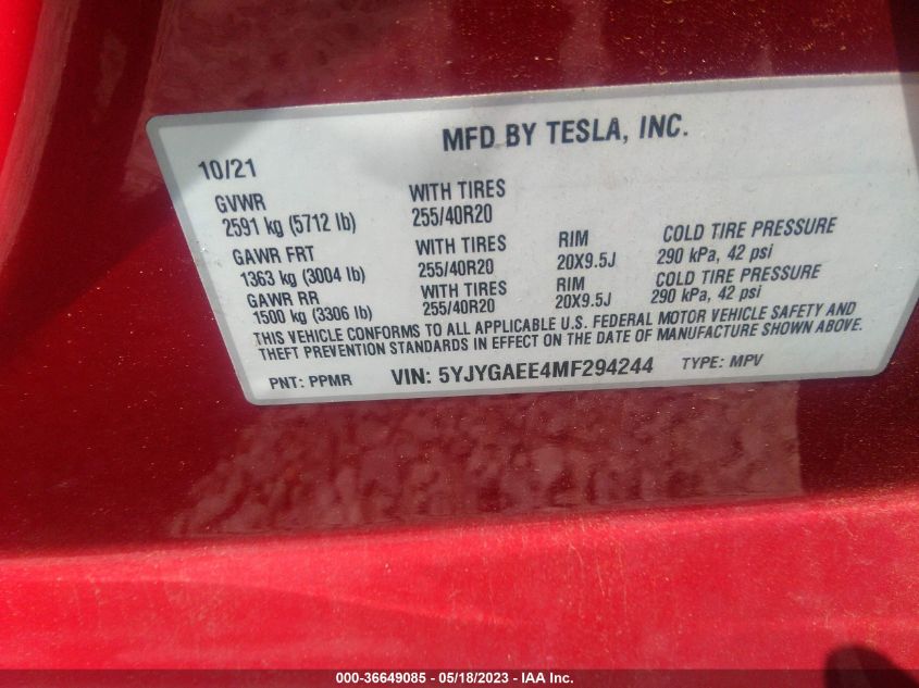 2021 TESLA MODEL Y LONG RANGE - 5YJYGAEE4MF294244