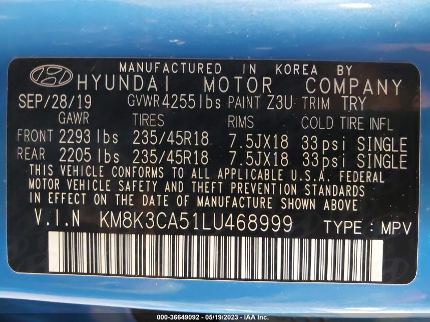 2020 HYUNDAI KONA LIMITED - KM8K3CA51LU468999
