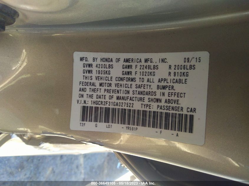 2016 HONDA ACCORD SEDAN LX - 1HGCR2F31GA027522