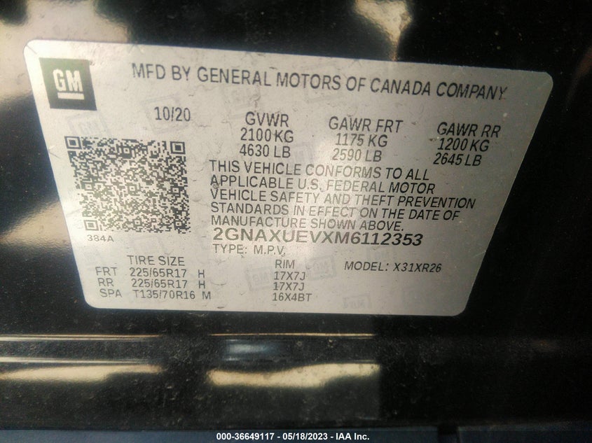 VIN 2GNAXUEVXM6112353 2021 CHEVROLET EQUINOX LT