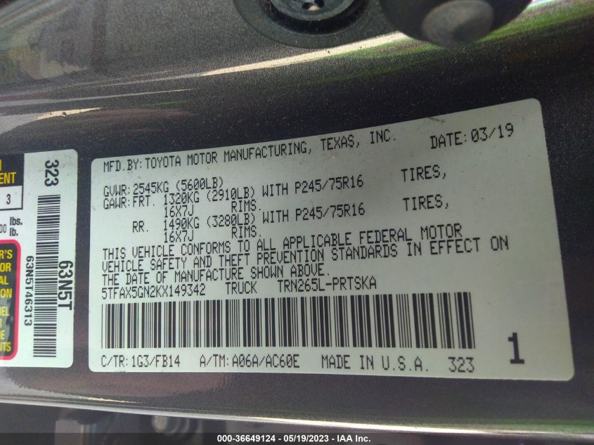 2019 TOYOTA TACOMA 2WD SR/SR5 - 5TFAX5GN2KX149342