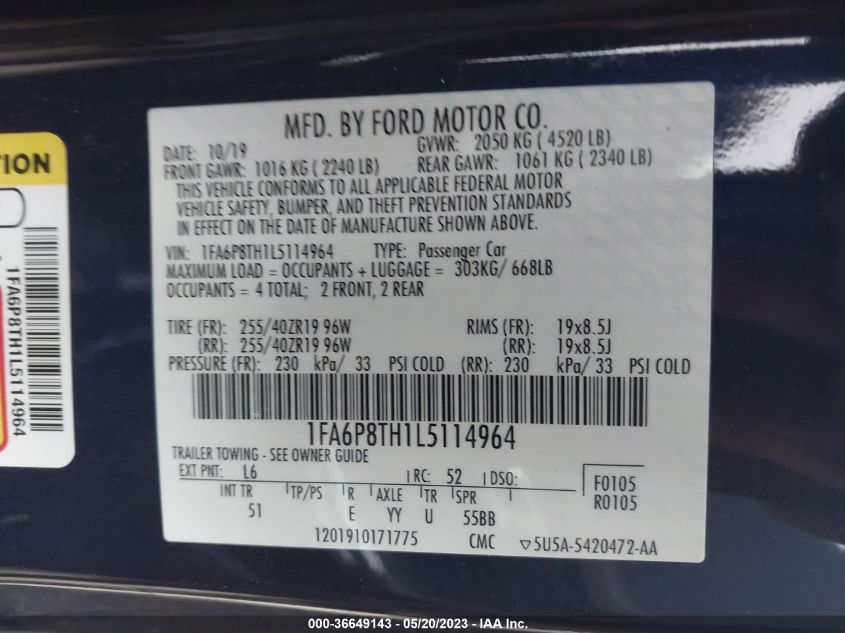 2020 FORD MUSTANG ECOBOOST - 1FA6P8TH1L5114964