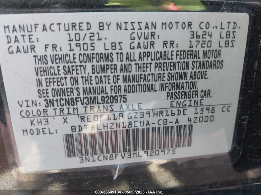 2021 NISSAN VERSA SR - 3N1CN8FV3ML920975