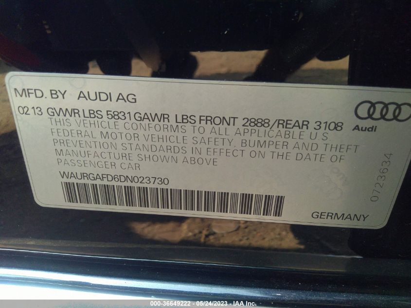 2013 AUDI A8 L 3.0L WAURGAFD6DN023730