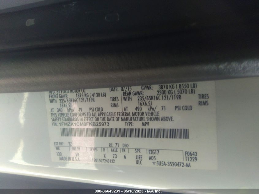 2015 FORD TRANSIT WAGON XL/XLT - 1FMZK1CM8FKB25973