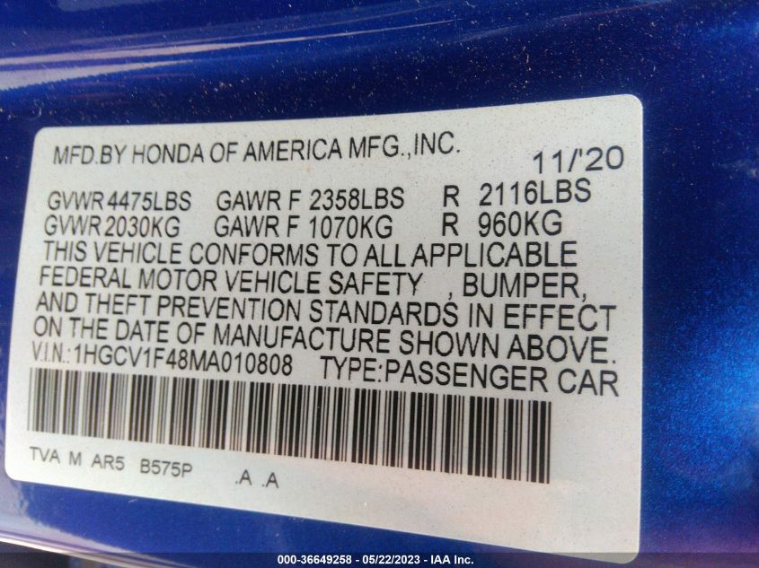 2021 HONDA ACCORD SEDAN SPORT SE - 1HGCV1F48MA010808