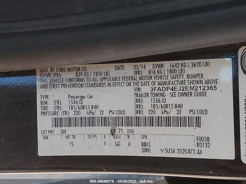 2014 FORD FIESTA SE - 3FADP4EJ2EM212365