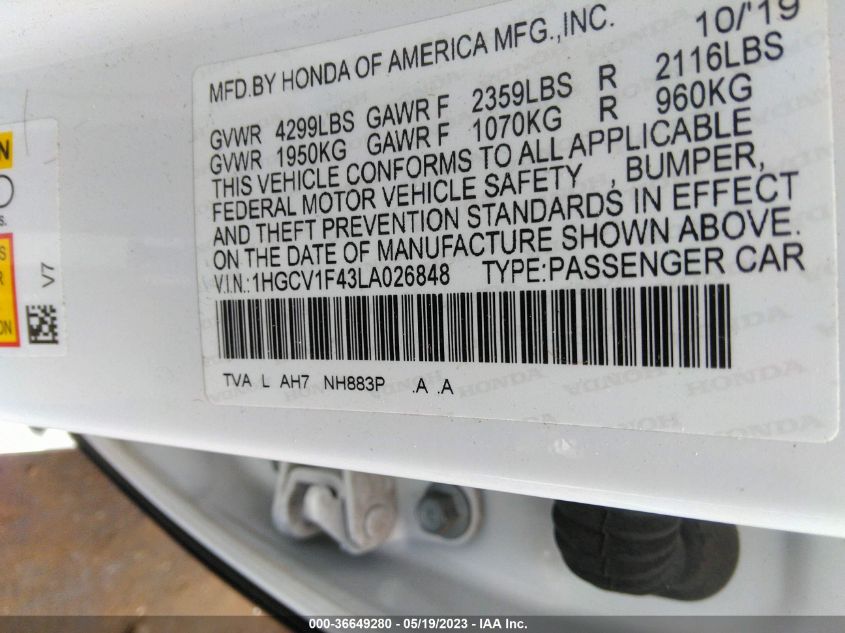 2020 HONDA ACCORD SEDAN EX - 1HGCV1F43LA026848