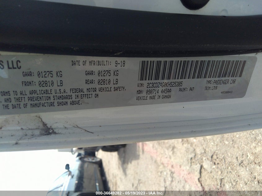 VIN 2C3CDZAG0KH525385 2019 DODGE CHALLENGER SXT