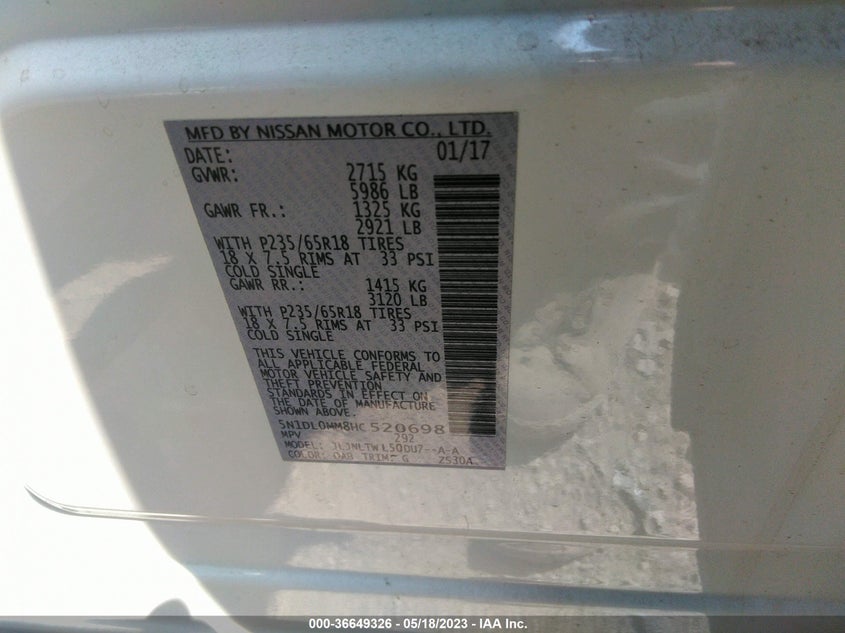 VIN 5N1DL0MM8HC520698 2017 INFINITI QX60