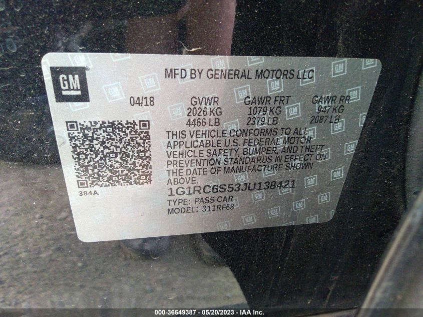 2018 CHEVROLET VOLT LT - 1G1RC6S53JU138421
