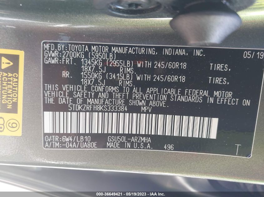 2019 TOYOTA HIGHLANDER SE/XLE - 5TDKZRFH8KS333384
