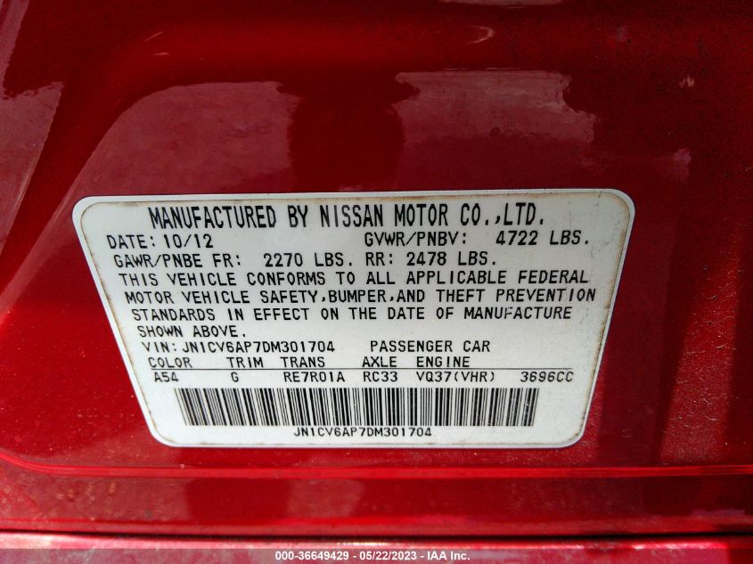 2013 INFINITI G37 JOURNEY - JN1CV6AP7DM301704