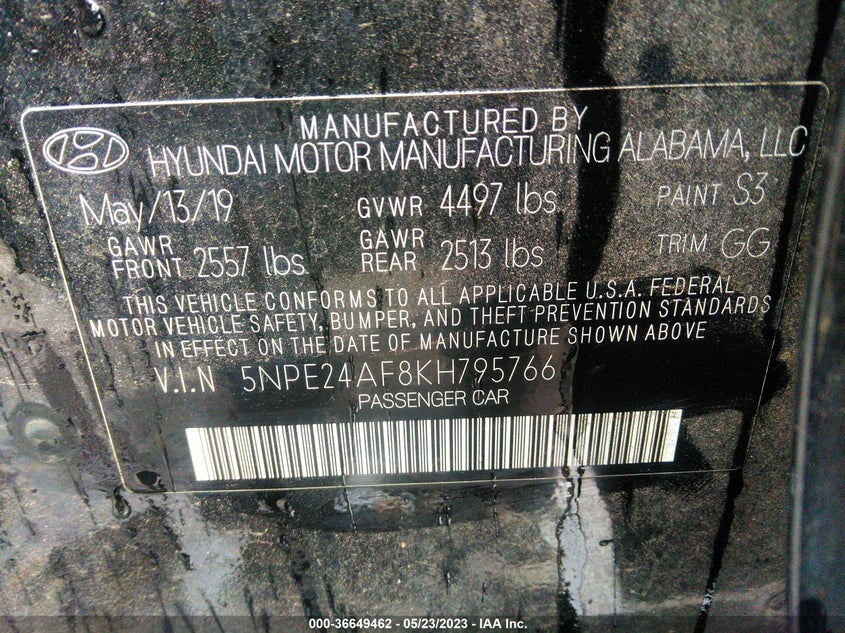 VIN 5NPE24AF8KH795766 2019 HYUNDAI SONATA SE