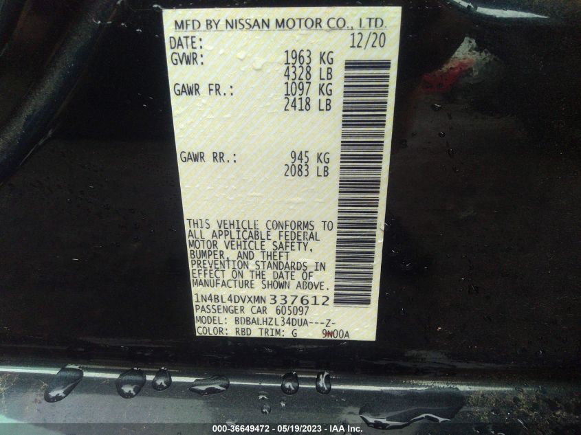 2021 NISSAN ALTIMA 2.5 SV - 1N4BL4DVXMN337612