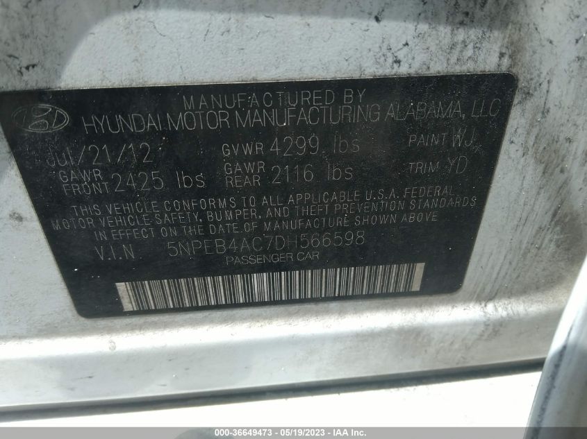 2013 HYUNDAI SONATA GLS - 5NPEB4AC7DH566598