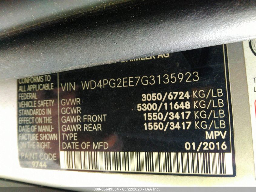 2016 MERCEDES-BENZ METRIS PASSENGER VAN - WD4PG2EE7G3135923