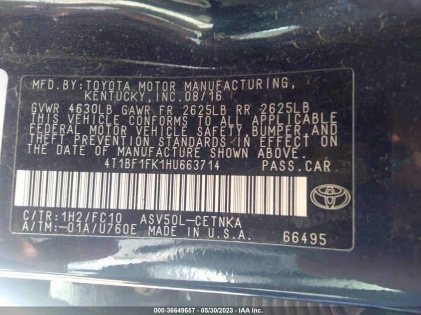 2017 TOYOTA CAMRY XLE/SE/LE/XSE - 4T1BF1FK1HU663714