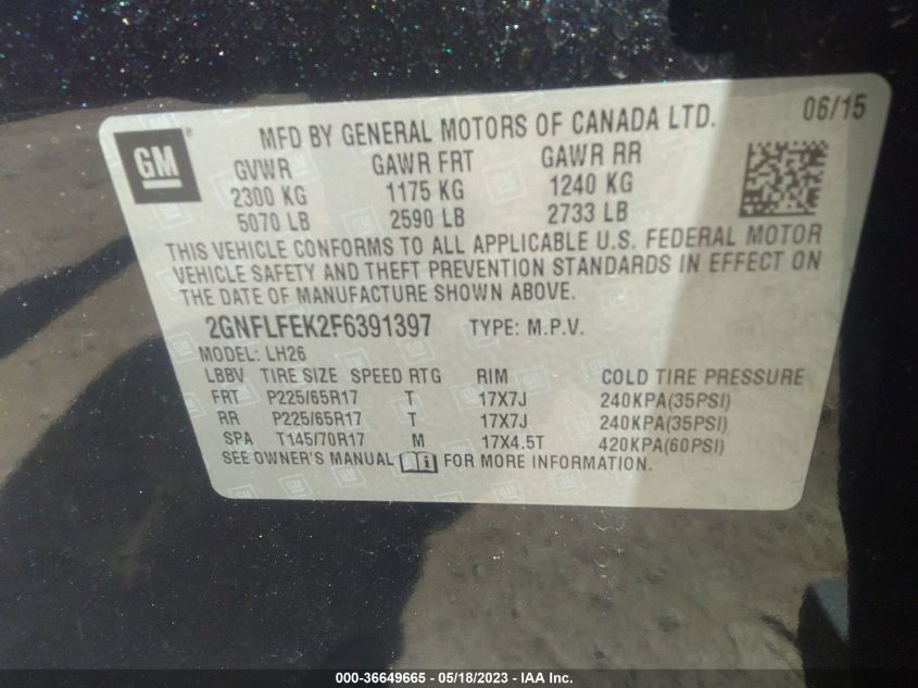 2015 CHEVROLET EQUINOX LT - 2GNFLFEK2F6391397