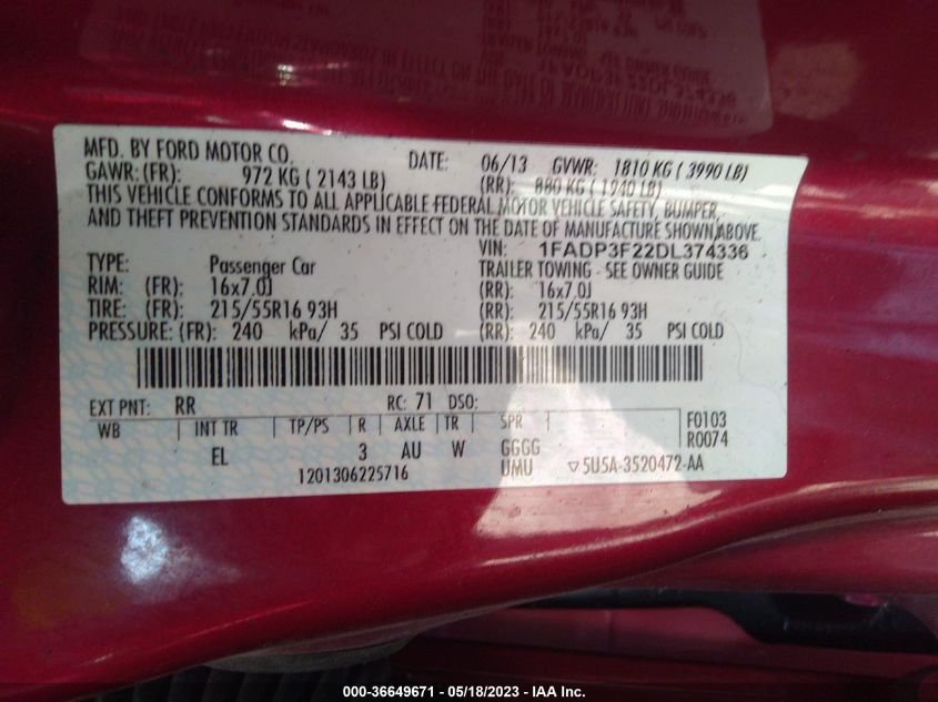 2013 FORD FOCUS SE - 1FADP3F22DL374336