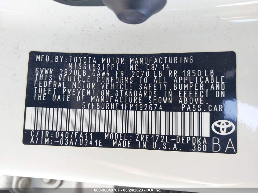 2015 TOYOTA COROLLA L/LE/S/S PLUS/LE PLUS - 5YFBURHE1FP192674