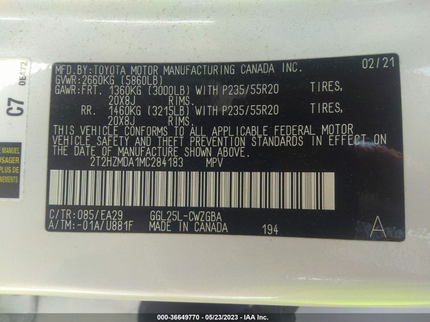 2021 LEXUS RX RX 350 - 2T2HZMDA1MC284183