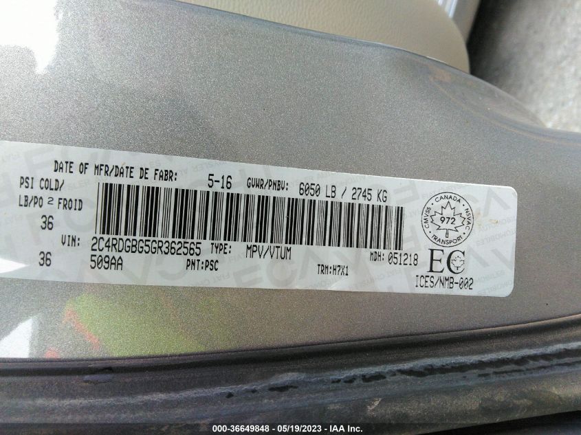 2016 DODGE GRAND CARAVAN SXT - 2C4RDGBG5GR362565