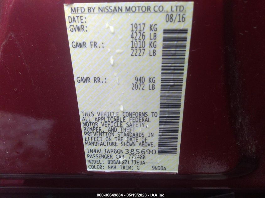 2016 NISSAN ALTIMA 2.5 S - 1N4AL3AP6GN385690