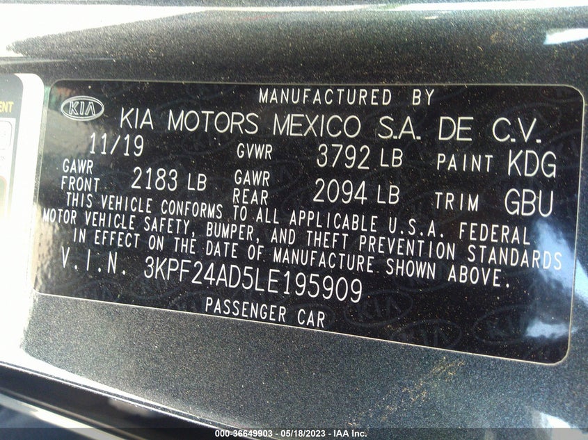 VIN 3KPF24AD5LE195909 2020 KIA FORTE LXS