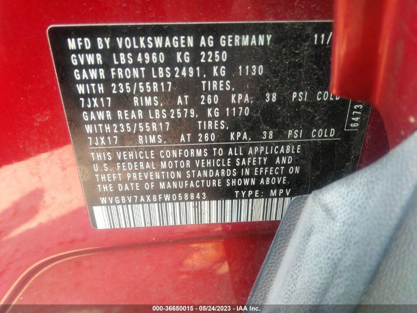 2015 VOLKSWAGEN TIGUAN SE - WVGBV7AX8FW058843
