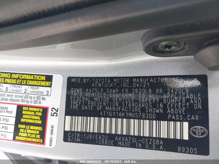 2021 TOYOTA CAMRY SE - 4T1G11AK1MU578300