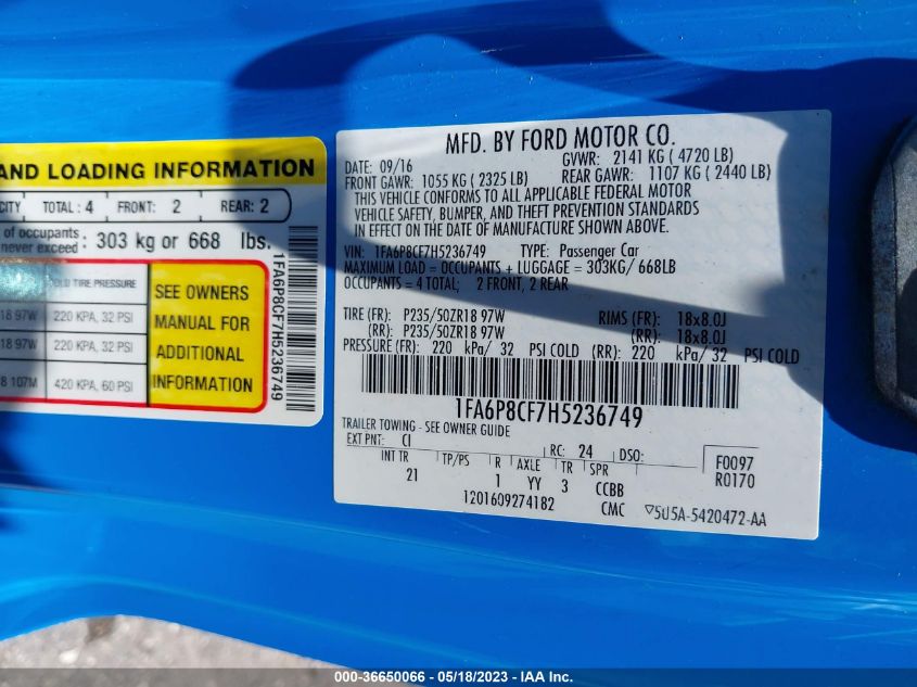 2017 FORD MUSTANG GT - 1FA6P8CF7H5236749