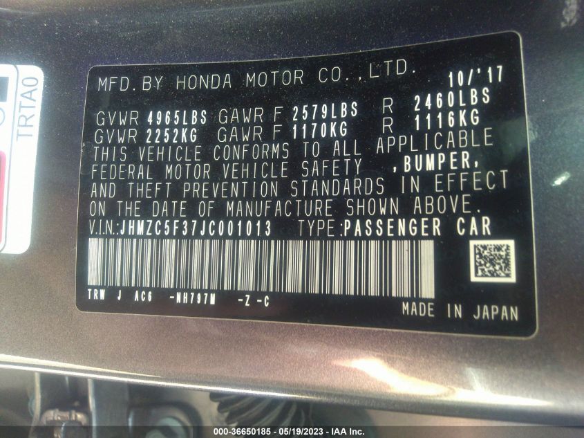 2018 HONDA CLARITY PLUG-IN HYBRID TOURING JHMZC5F37JC001013