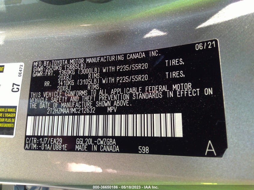 VIN 2T2HZMAA1MC212632 2021 LEXUS RX RX 350