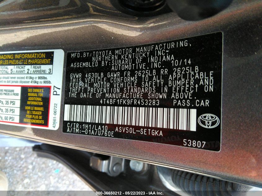 2015 TOYOTA CAMRY XLE - 4T4BF1FK9FR453283